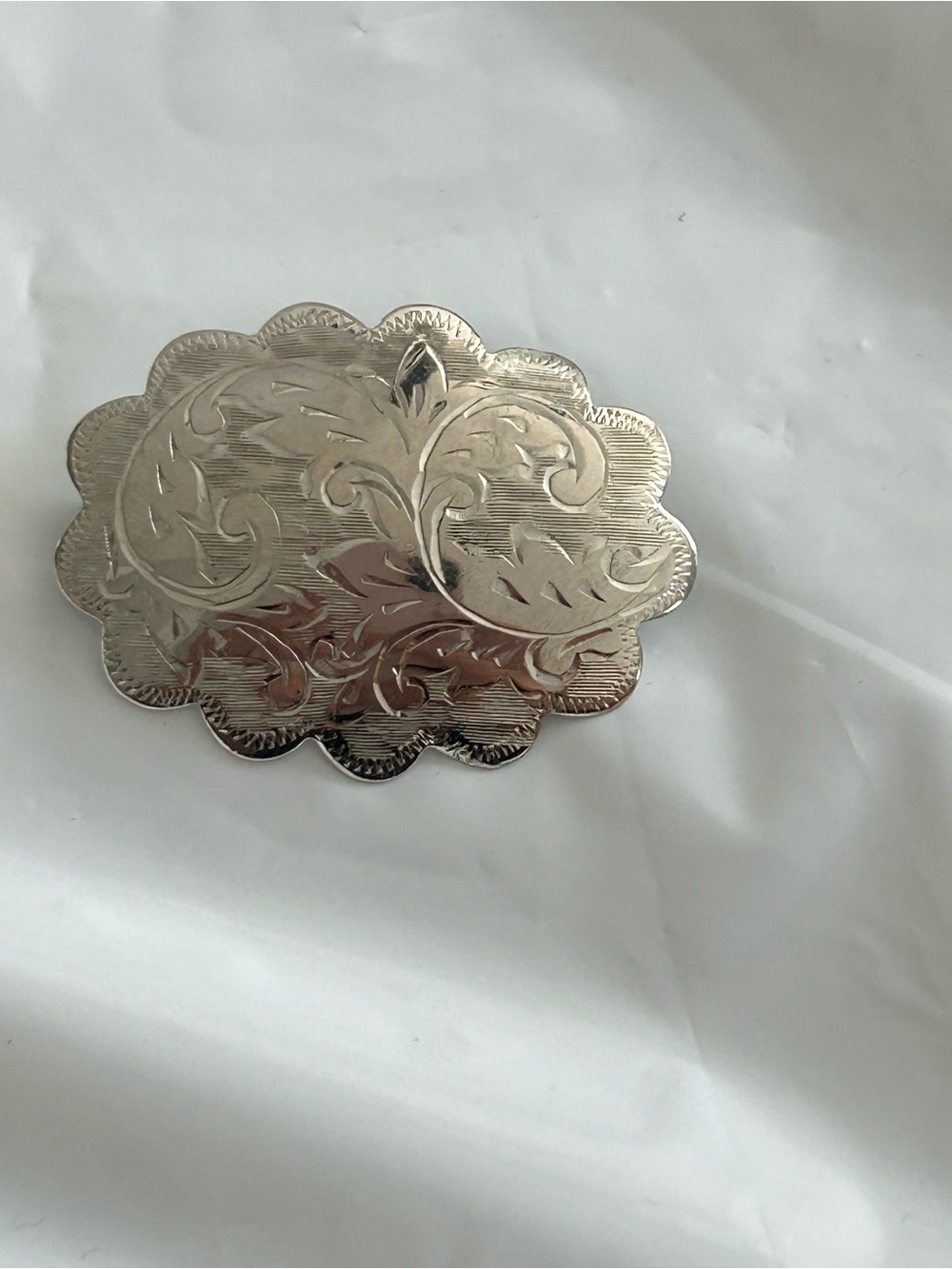 Engraved STERLING Silver-Tone Floral Scalloped brooch